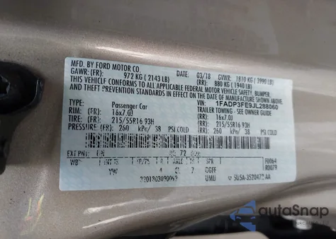 2018 Ford Focus Se z USA, uszkodzony, nr VIN 1FADP3FE9JL288060